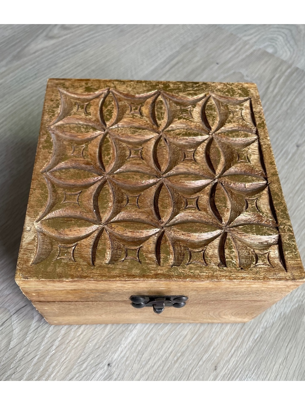Hand-Carved Wooden Decorative Box with Geometric Pattern
